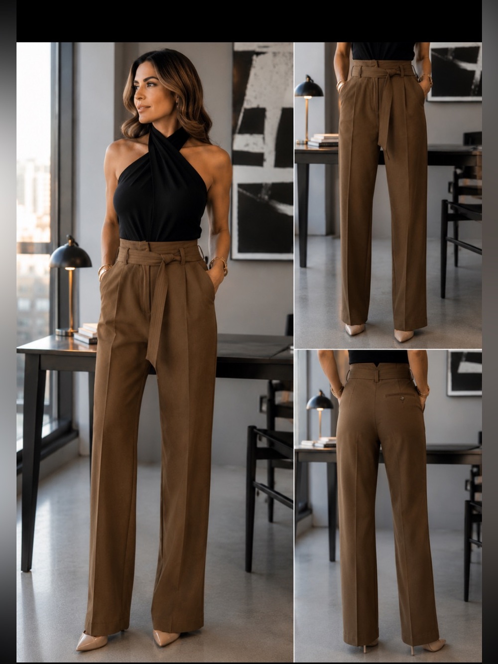 High-Waist Wide-Leg Paperbag Pants with Self Tie - Brown. Classic ageless